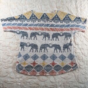 Ginger G Woman's Elephant Print Boho Knit Top Grey Blue Mustard Size L
